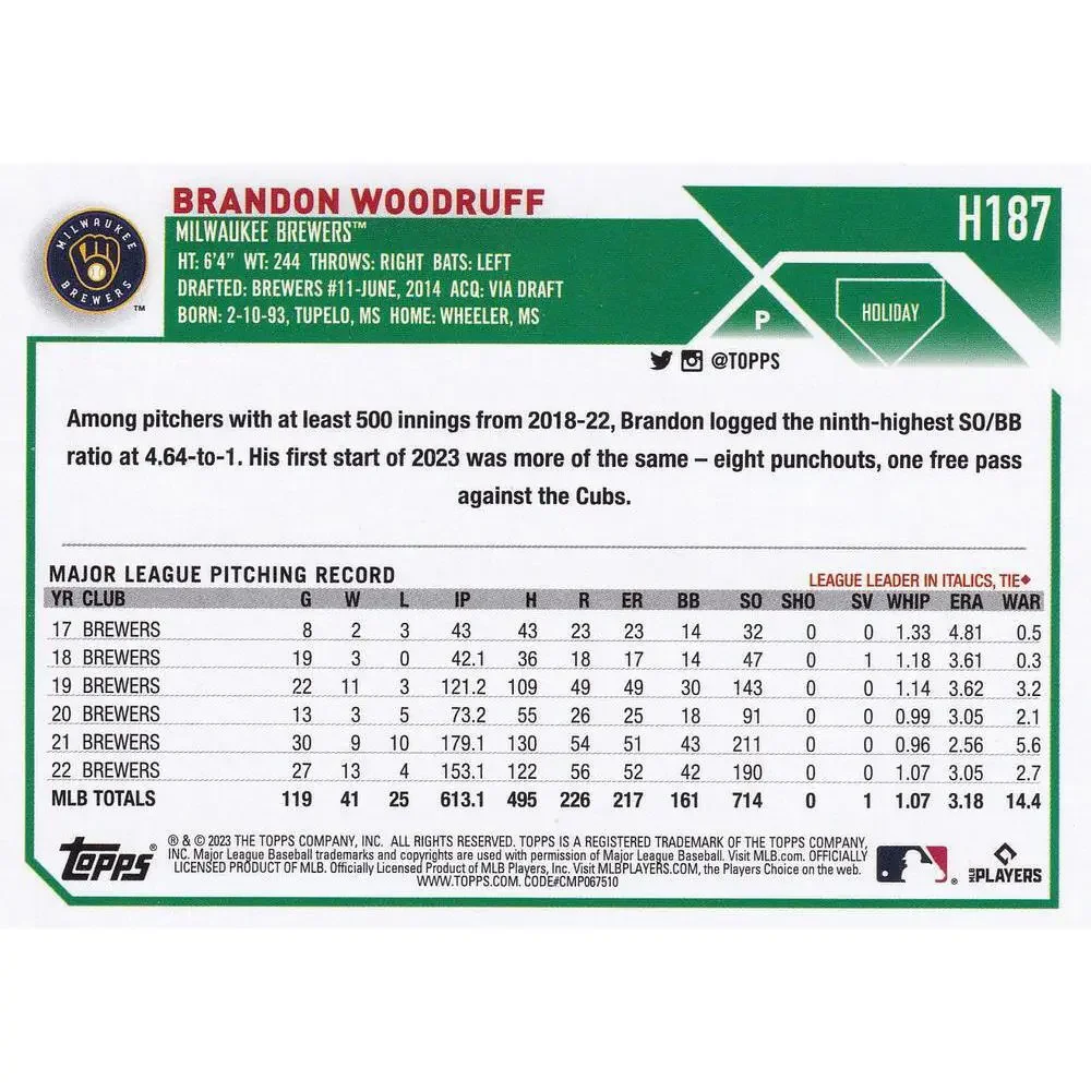 2023 Topps Holiday Brandon Woodruff H187 Milwaukee Brewers